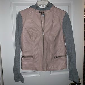 pink faux leather jacket with gray cloth arm&hood